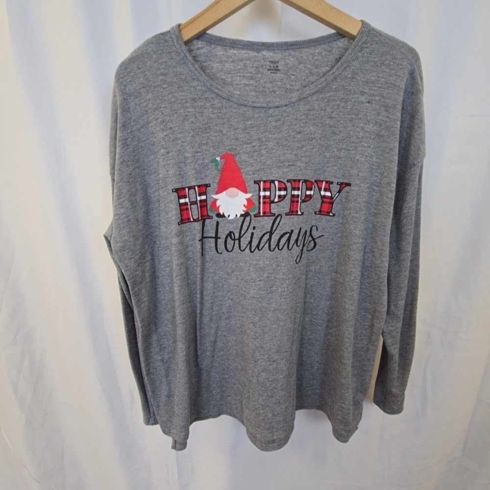 Holiday Time Shirt Womens XL Gray Happy Holidays Gnome Christmas Long Sleeve
